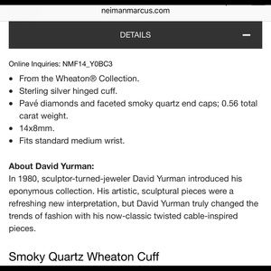 David Yurman Smokey Quartz Wheaton Cuff - like new